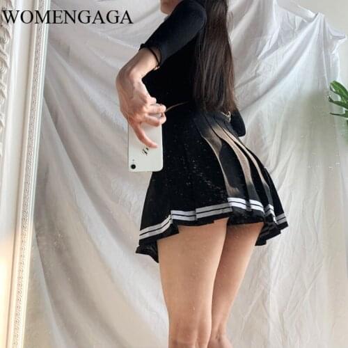 WOMENGAGA Double Layer Pleated Skirt Short High Waist Elastic Student A-line Sexy Stripe Autumn Winter Female Plus Size Mini 47T