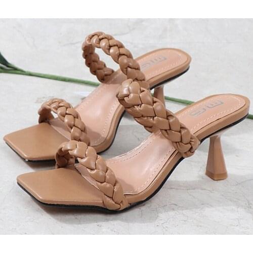 2021 Brand Design Women Slippers Elegant Square Toe Thin High Heels 7.5CM Slippers Summer Outdoor Beach Slides Shoes