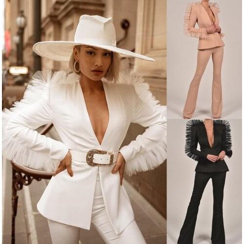 Elegant New Designed Women Blazer Suits Flare Pants Deep V Neck Long Sleeve With Tulle Slim Fit Streetwear Casal Fashion Jacket