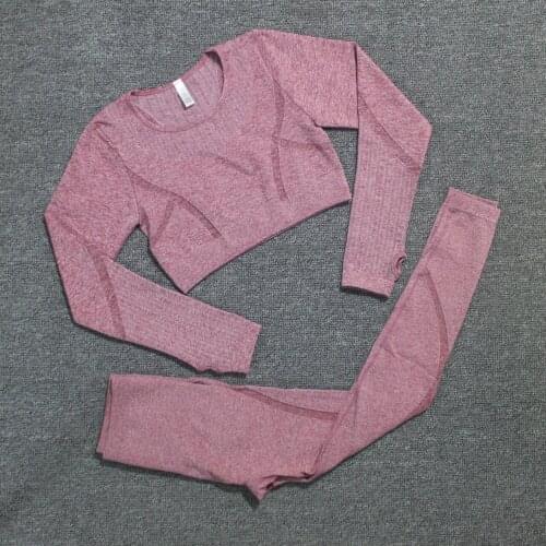 2PCS Women Yoga Sport Suit Long Sleeve Fitness Crop Top+High Waist Seamless Leggings Tights Sportswear Gym Set Workout Clothes