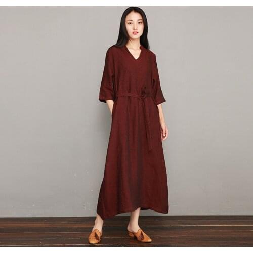 Women Loose Summer Solid Color V Neck Linen Dress Ladies Vintage Half Sleeve Flax Dresses Female 2020 Robe Dress