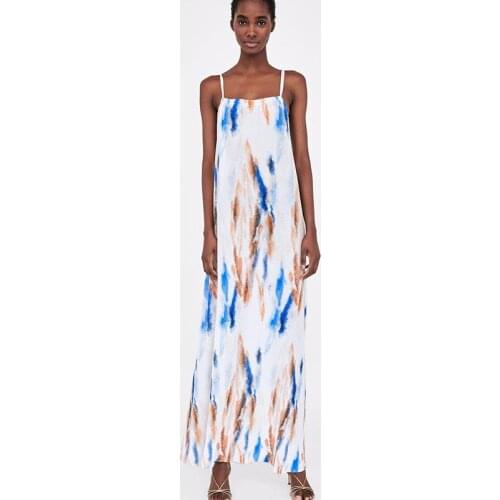 ZA Summer Women Spaghetti Strap Dress Slash Neck Loose Dress Lady Tie Dye Printed Dress Elegant Girls Backless Causal Outfits
