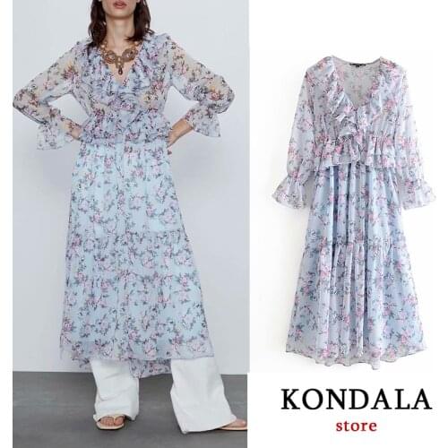 KONDALA za 2020 women dress vintage floral print ascading party dress petal sleeve ruffles mid-calf dress vestidos de fiesta