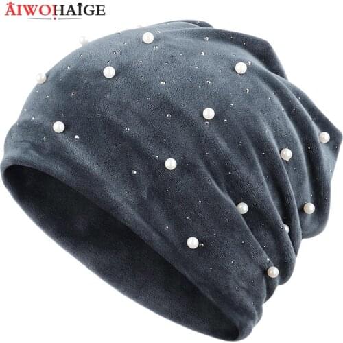 Winter Beanies Soft Warm Shiny Rhinestone Solid Color Women Skullies Beanies Pearl Womens Hat Velvet Fabric Soft Cap 2019