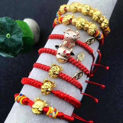 2021 New Zodiac Year Sand Golden Bull Red String Bracelet Five Blessing Ox Zodiac Bull Red String Braided Bracelet