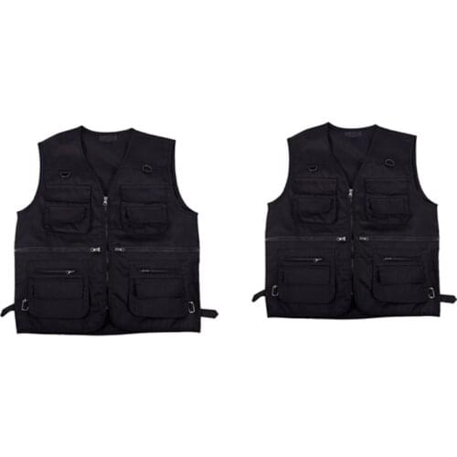 2x Mens Fishing Vest with Multi-Pocket Zip for Photography / Hunting / Travel Outdoor Sport - Black, XXL & XXXL