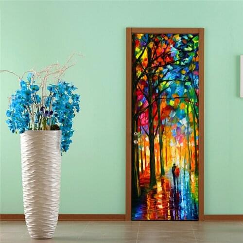 3d Door Sticker Printed Picture Self Adhesive Waterproof Wallpaper Home Decor Rainy Day Couple Wall Ar