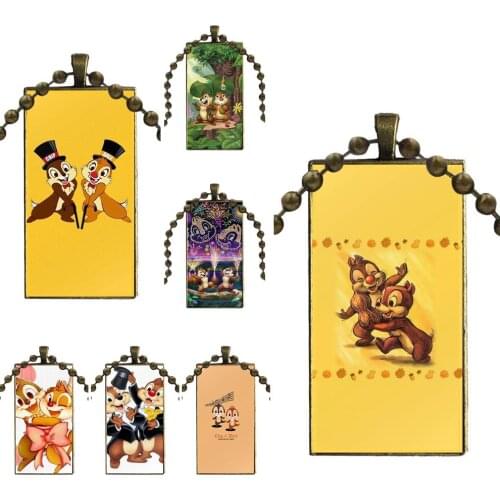 For Women Jewellery Chip And Dale Fashion Vintage Jewelry Bronze Color Glass Cabochon Choker Pendant Long Rectangle Necklace