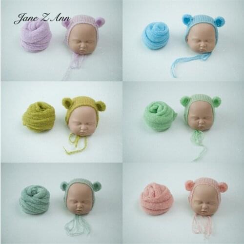 Jane Z Ann Newborn baby photo props thin elastic texture mohair hat+wrap studio shooting accessories
