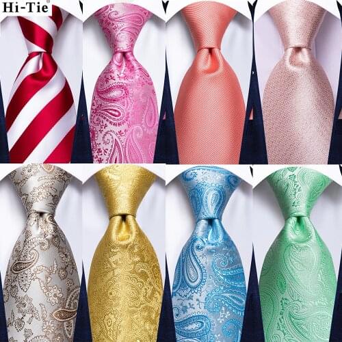 Hi-Tie Red White Pink Striped Paisley Solid Mens Silk Wedding Tie Fashion Designer Necktie For Men Hanky Cufflink Business Party