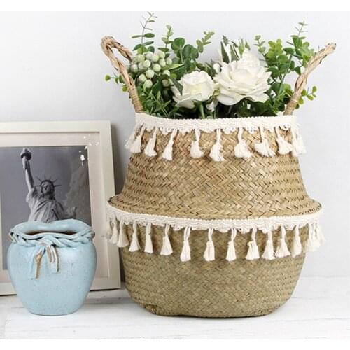 Double Tassel Seagrass Storage Basket Laundry Basket Foldable Large Size Seagrass Basket for Plants