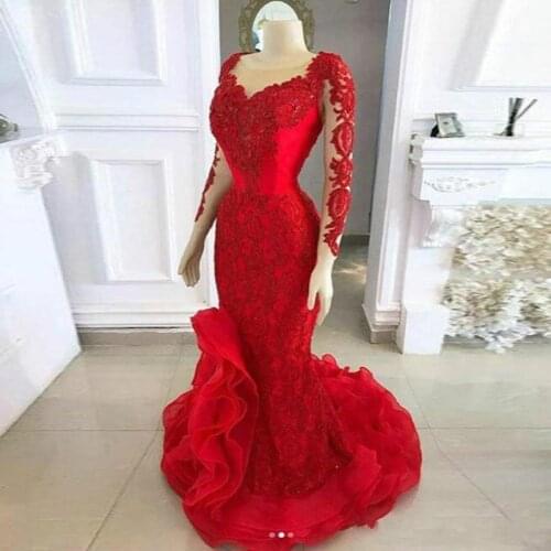 2021 Red Mermaid Evening Dresses Lace Appliqued Long Sleeve Prom Dress Low Split Sweep Train Arabic Formal Party Gowns