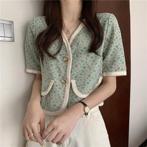 HziriP Summer V-Neck Design French Casual Floral Short-Sleeved Blouse 2021 Single-Breasted Wild Korean New Short-Sleeved Shirt