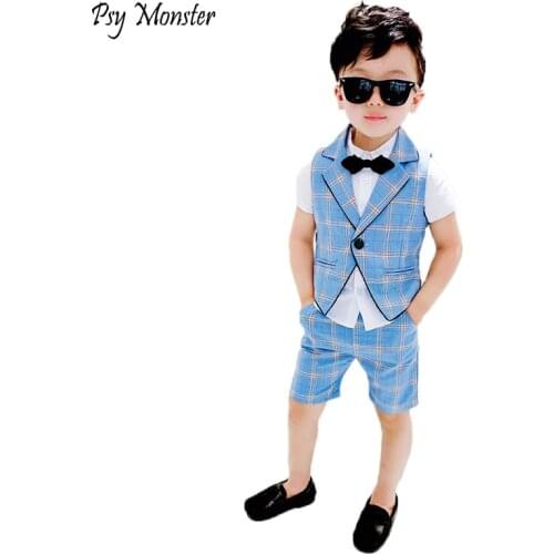Kids Boys Summer Vest+Shorts+Tie 3PCS Clothing Set Gentleman Wedding Dress Children Plaid Party Formal Wear Suit F130
