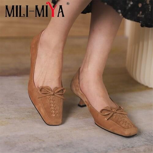 MILI-MIYA New Arrival Women Genuine Leather Pumps Square Toe Low Thin Heels Butterfly Knot Solid Color Dress Party Shoes