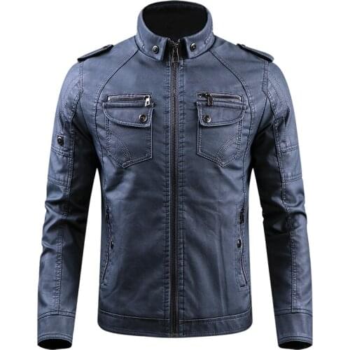 Mens PU Leather Jacket Chest Pocket Loose Velvet Warm Solid Stand Collar