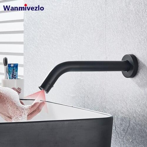 Wall Mounted Bathroom Basin Sink Faucet Cold Water Hand Touch Tap Automatic Inflated Sensor Faucet Black Basin Crane
