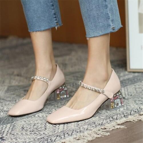 New Arrival Square Toe Women High Heels Patent Leather Shoes With Crystal Thick Heel Sweet Mary Janes Women