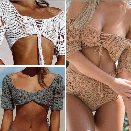 New Lace Knitting Lace Up Bra Beach Bikini Women Sexy Crochet Tops Tank Crop Handmade swimwear