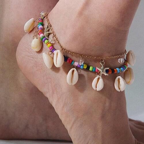 Boho 2 Layers Anklet Sea Shell Colorful Glass Bead Sand Beads Ankle Jewelry Crystal Starfish Shell Pendant Footchain Accessories