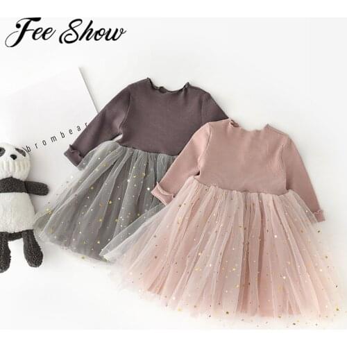 Autumn Baby Dress For Girls Long Sleeve Kids Clothing Sequins Stars Tutu Girl Casual School Wear Princess Tulle Mesh Party Dress