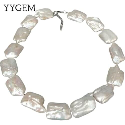 YYGEM NATURAL AA Grade 20x25mm Freshwater Cultured Rectangle White Rectangle Keshi Pearl choker Necklace
