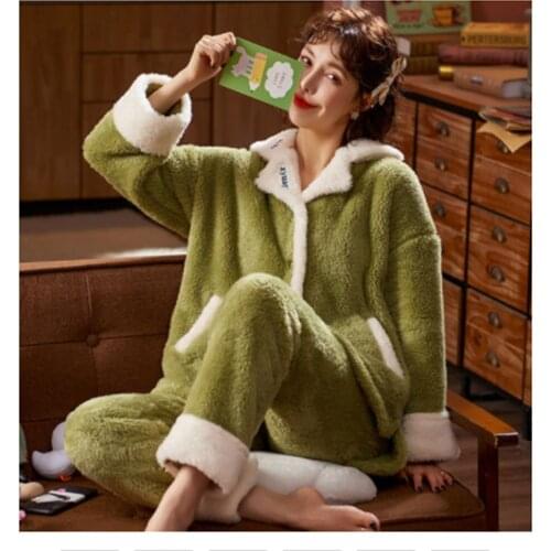 Pajama Sets Women Winter Thicker Patchwork Sweet Lovely Plus Velvet Ladies Sleepwear Loose Warm Comfortable Korean Style Trendy