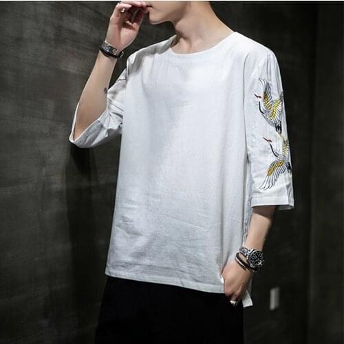 Traditional Chinese Style Embroidery Crane Hanfu Blouse Tang Suit Men Kungfu Shirts Tops T-Shirt Japanese Kimono Men New 30628