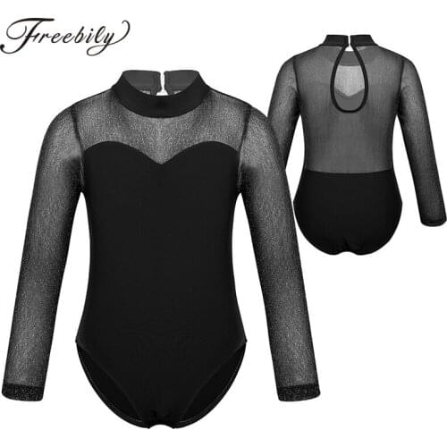 Kids Shiny Tulle Long Sleeves Mock Neck Ballerina Dancewear Gymnastics Leotard Girls Ballet Dance Stage Performance Costume