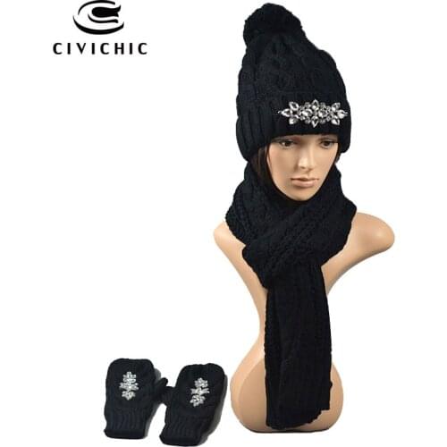 CIVICHIC High Quality Winter Knit Hat Glove Scarf 3 Pieces Set Woman Thicken Crochet Cap Pompon Headwear Gloves Warm Shawl SH110