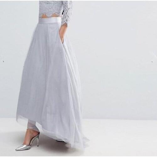 Silver Vintage High Low Tulle Skirts With Pockets Tiny Shiny Crystal Wide Waistband Zipper Women Skirt 2017 Long Women Skirt