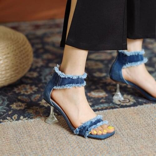 Womens Square Peep Toe Denim Jeans Tassels Wine Red Clear Crystal Heel Shoes Sandals Plus Size New 2022