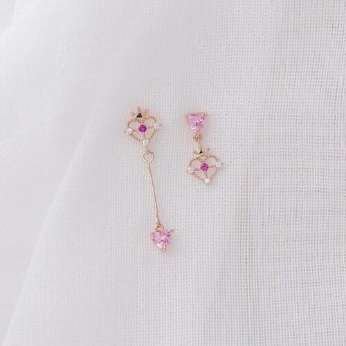 Korean Asymmetric Cute Sweet Pink Heart Delicate Zircon Drop Earrings For Women Micro Paved Pendientes Mujer Moda Jewelry