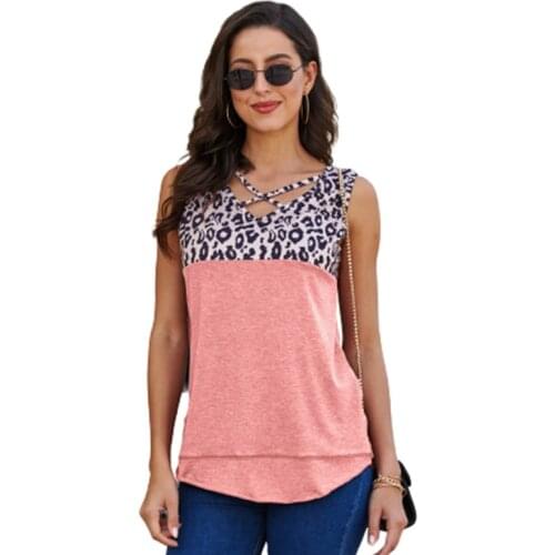 Cris Cross V-Neck Leopard Print Sleeveless Top Tank Women Summer Patchworked Cotton Tanks 2XL Large Size Female Casual Tank Tops