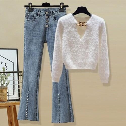 Women 2021 Autumn Fashion Two Piece Sets Female Chain V-neck Knitted Sweater Tops Ladies New Slim Flare Pants Jeans Suits P207