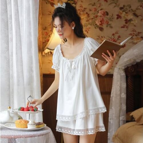 Women Pajamas Set Cotton Sleepwear Summer Lace Cute Sleep Tops Bottoms Shorts Girl Princess Nightwear Vintage Pyjamas Lounge Set