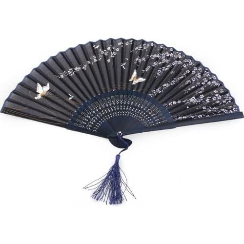 Womens Folding Hollowed Bamboo Hand Fan with Tassel Wedding Party Gift (Butterfly Sakura)