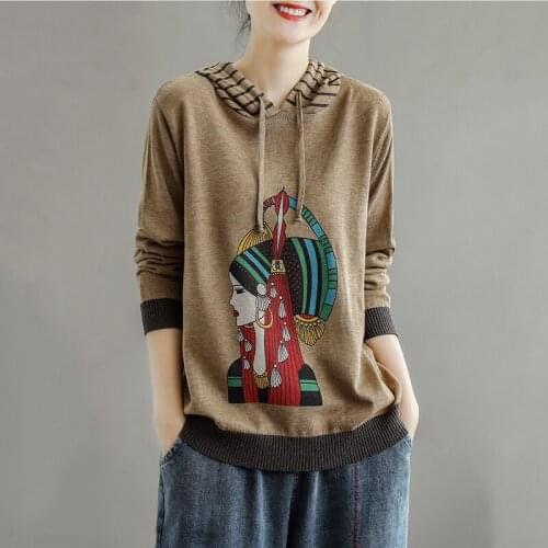 Color-blocking Knit Hooded Sweater Women Spring Autumn 2021 New Loose Large Size Slimming Bottoming Shirt Printed Top s307