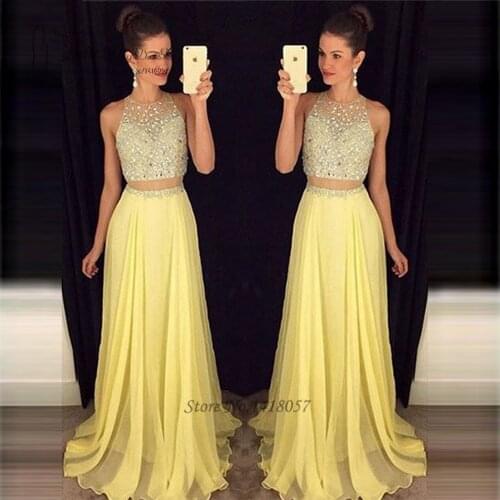 Vestido Longo Yellow Long Elegant 2 Piece Prom Dresses 2017 Crystals Evening Party Dress for Graduation Formatura Ballkleider