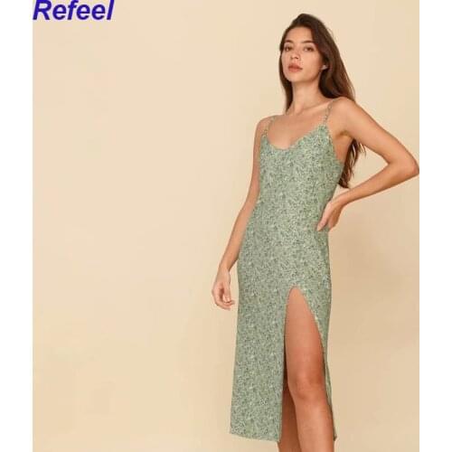 Chic Green Floral Print Cream Midi Dress Retro Spaghetti Straps Vestidos Vintage Tube Top Women Split Dress