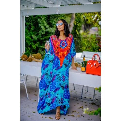 Bohemian Printed Long Blue Tunic Kaftan Women Plus Size Beach Dress Tunic Short Sleeve Women Beachwear Wrap Dresses N1320