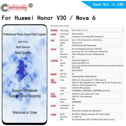 For Huawei Nova 6 for Honor V30 LCD Display Touch panel Screen Digitizer Module with frame Assembly for Honor View 30 / V30