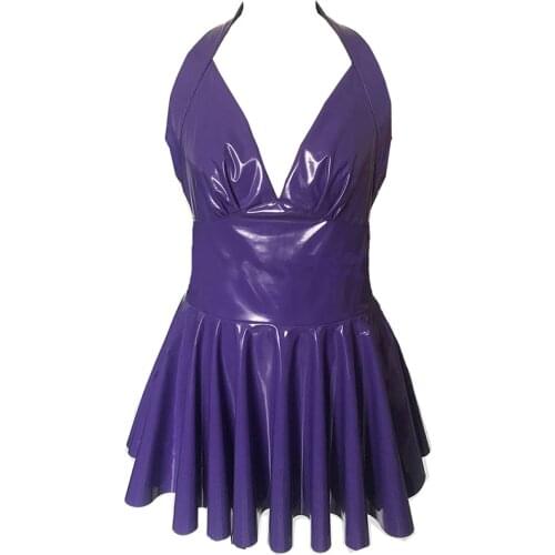 12 Colors Women Backless V-neck Mini Dress PVC Faux Leather Halter A-line Pleated Dress Sexy Wet Look Night Club Party Vestido