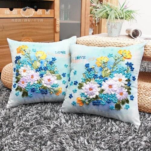 Diy 3D Embroidery Pillowcase Flower Ribbon Decorations Cushion Cover for Home Pillow Cover Cotton Sofa Diy Pillow Case