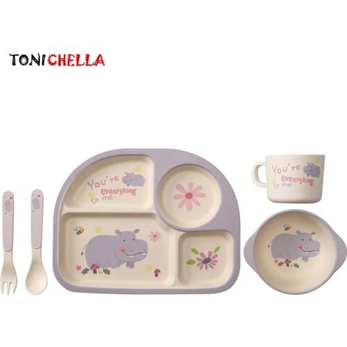 5Pcs/Set Baby Bamboo Fiber Tableware Set Children Lunch Food Feeding Bowl Plate Dishes With Fork Spoon Food Container CL5535