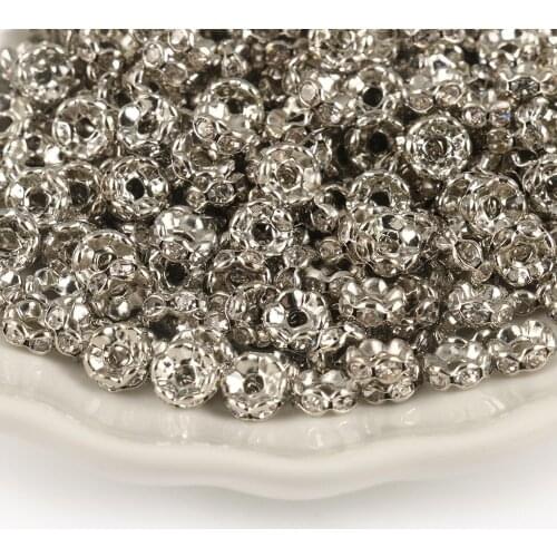50pcs Silver Plated Wave Metal Rhinestone Rondelle Austiran Crystal Big Hole Loose Spacer Beads For Jewelry Making DIY Supplies
