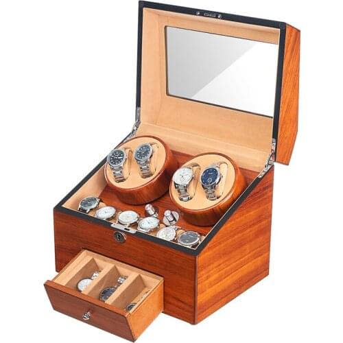 5 modes Automatic Wood Watch Winder Display Box 4+9 Storages Fraxinus mandshurica Ultra-quiet Japanese motor Brown Velvet