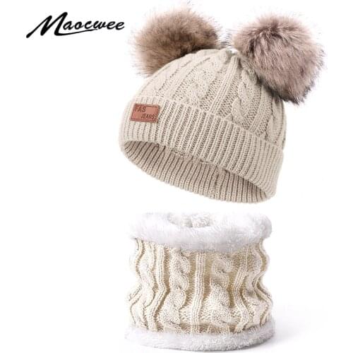 Children Hat And Scarf Set Winter Solid Skullies Beanies With Double Faux Fur Pompom High Quality Knitted Hat Ring Scarf Cap Set