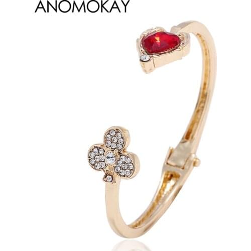Dropshipping Fashion Hipster Simple Clover Gold Color Adjustable Cuff Bracelet Female Red Crystal Gold Color Open Bangle Jewelry