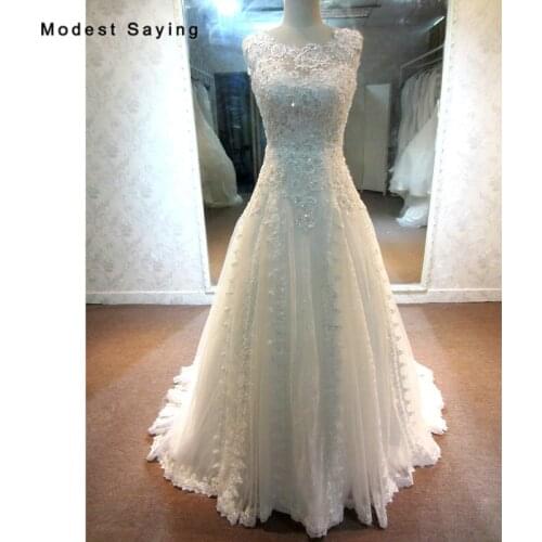 Elegant Ivory A-Line Lace Wedding Dresses 2018 with Crystal Beaded Bridal Gowns Formal vestidos de noiva O Neck robe de mariee